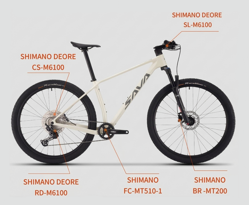 White bicycle with labeled Shimano components on a gray background