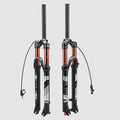A pair of black and copper-orange front suspension forks with attached brake cables, shown against a plain white background.