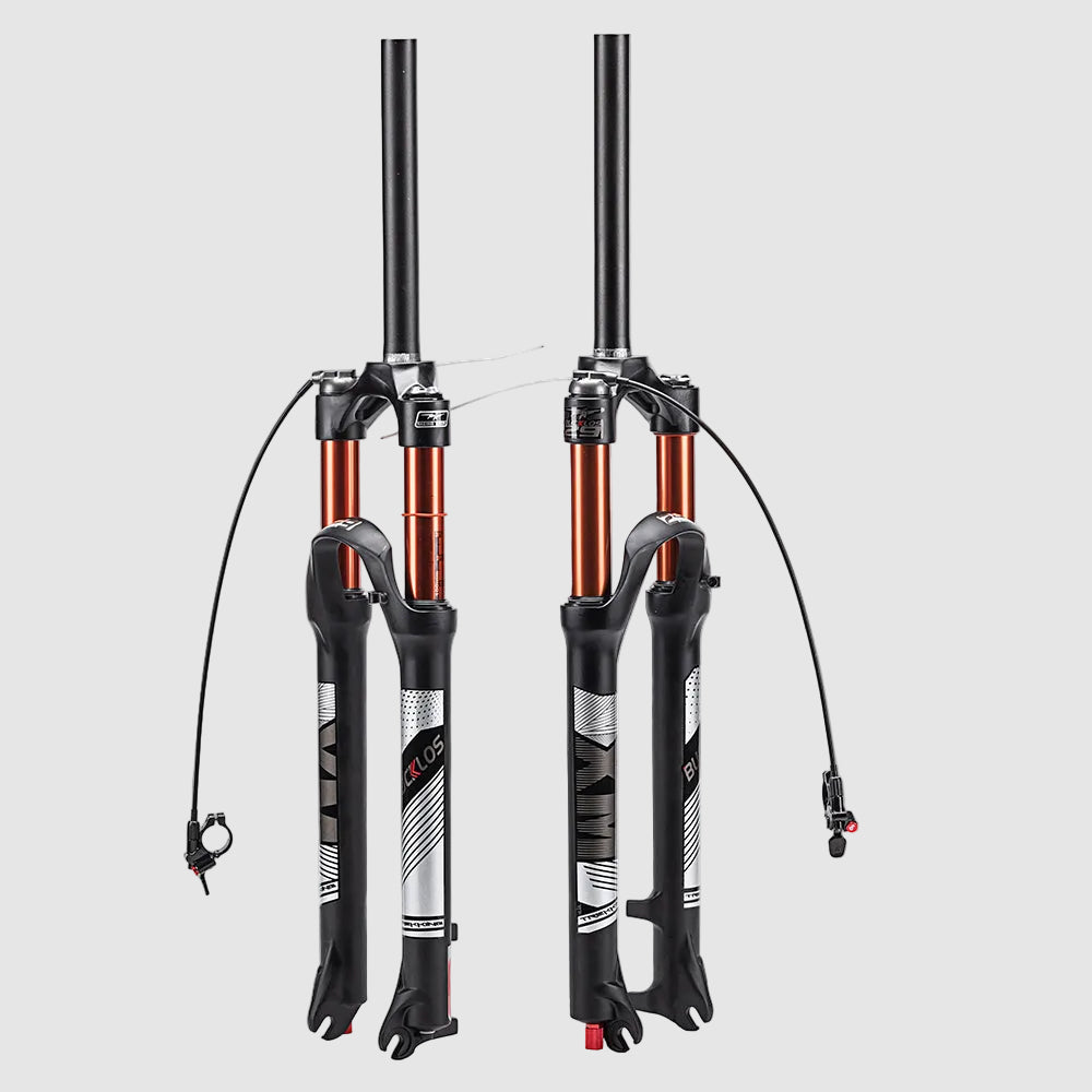 A pair of black and copper-orange front suspension forks with attached brake cables, shown against a plain white background.