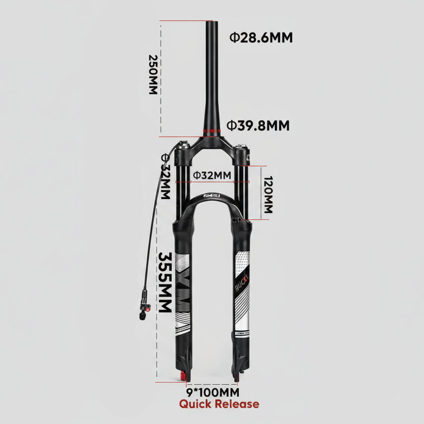 Bicycle fork with dimensions labeled on a gray background