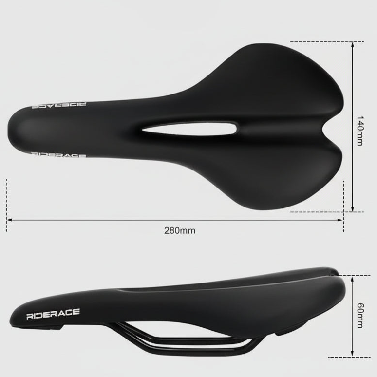 Black bicycle saddle with dimensions on a white background