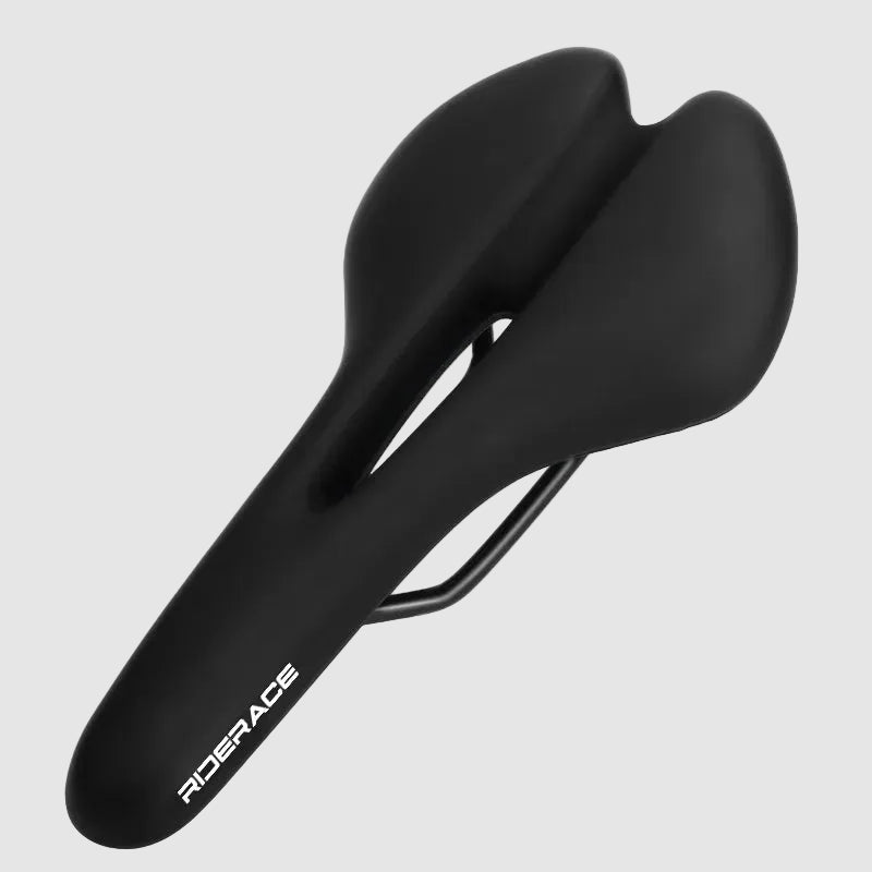 Black bicycle saddle with 'Riderace' branding on a white background