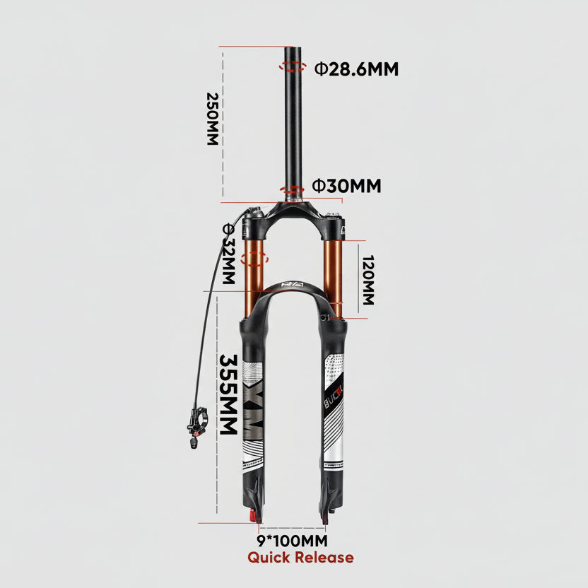 Bicycle fork with dimensions and quick release feature on a white background