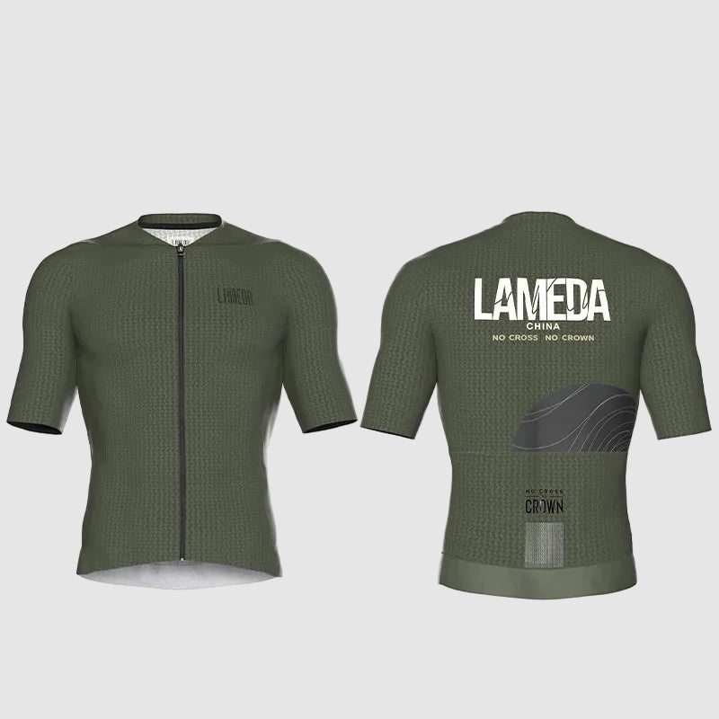Green cycling jersey with brand logo on a white background