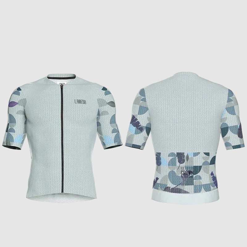 Cycling jersey with geometric pattern on a white background