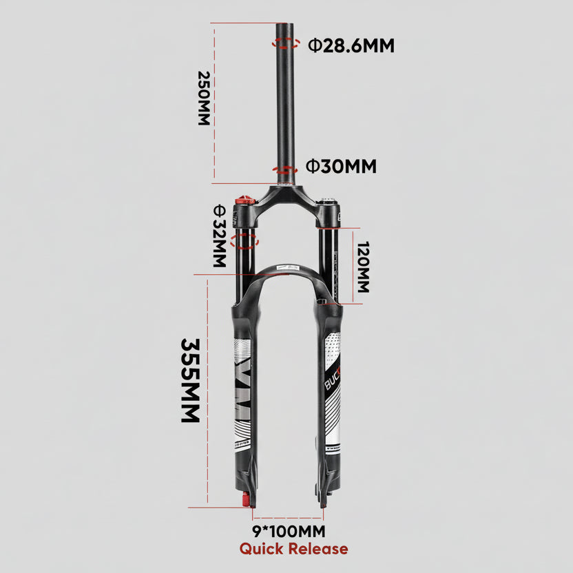 Bicycle fork with dimensions and quick release feature on a white background