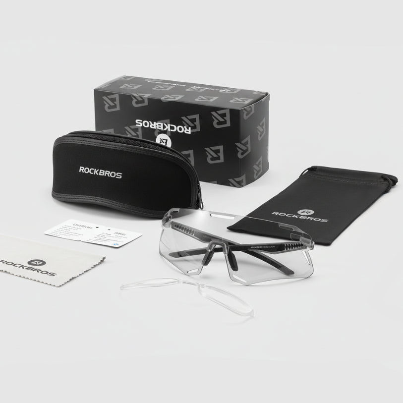 RockBros branded eyewear set with packaging on a light gray background