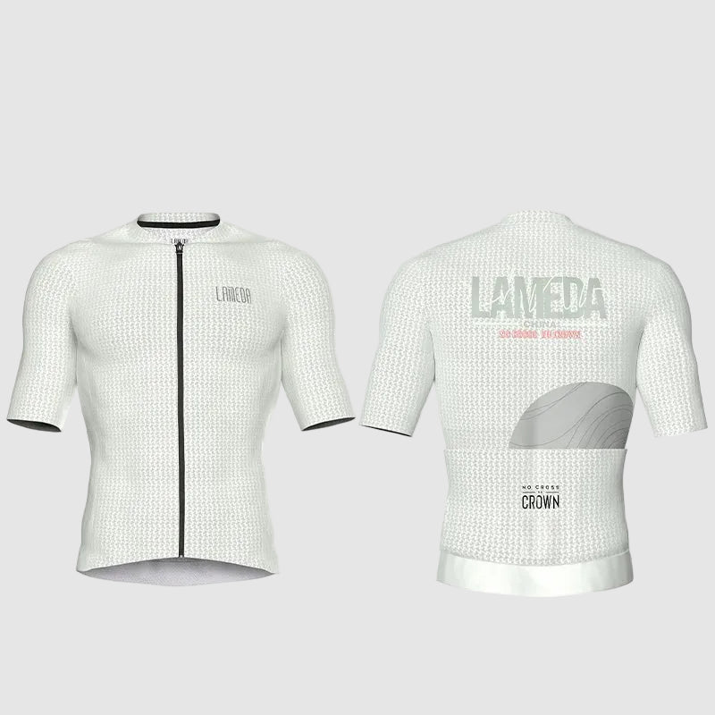 White cycling jersey with brand logo on a white background