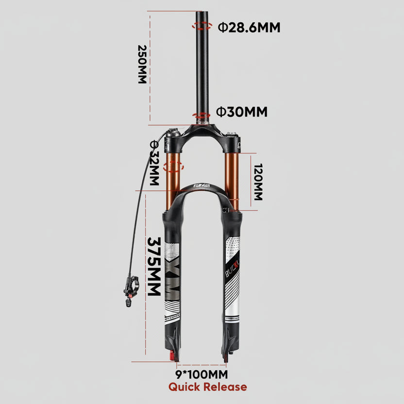 Bicycle fork with dimensions and quick release feature on a white background