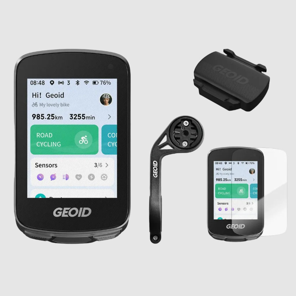 GEOID cycling computer with speed/cadence sensor, mount, and protective film on a white background