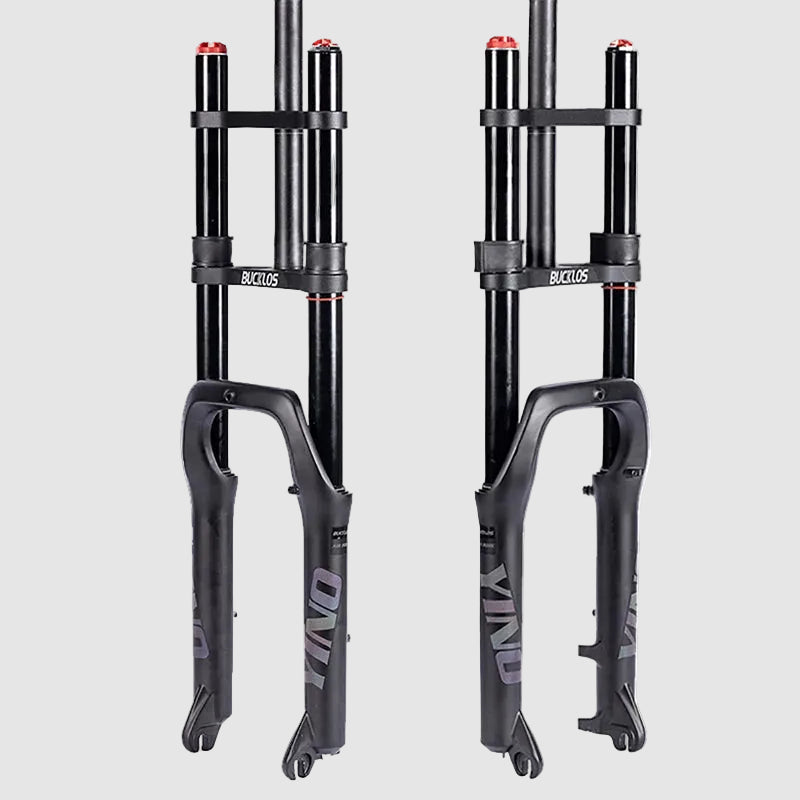Two bicycle forks with 'Buckloos' branding on a white background