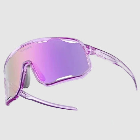 Sunglasses with purple frame and reflective lenses on a light gray background