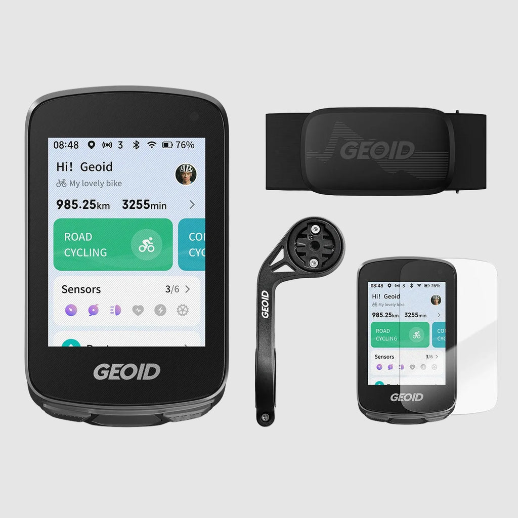 GEOID CC700 Pro Computer with HS500 Heart Rate Sensor, Mount, and Protective Film on a white background