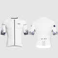 White cycling jersey with black accents on a white background