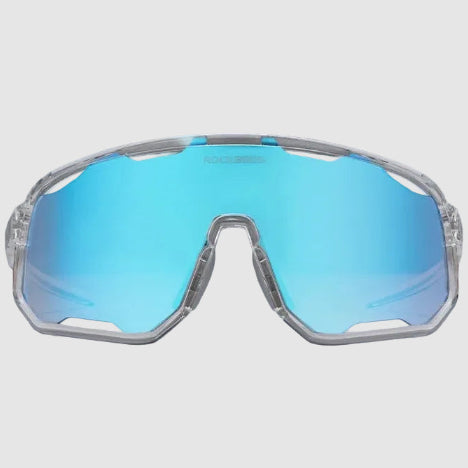 Sunglasses with blue reflective lenses on a light gray background