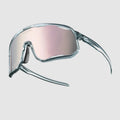 Polarized sunglasses with clear gray frame and pink lenses, featuring additional lenses and nose pads on a white background.