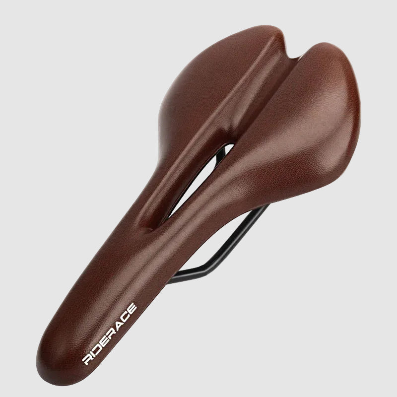 Brown bicycle saddle with 'RIDERACE' branding on a white background