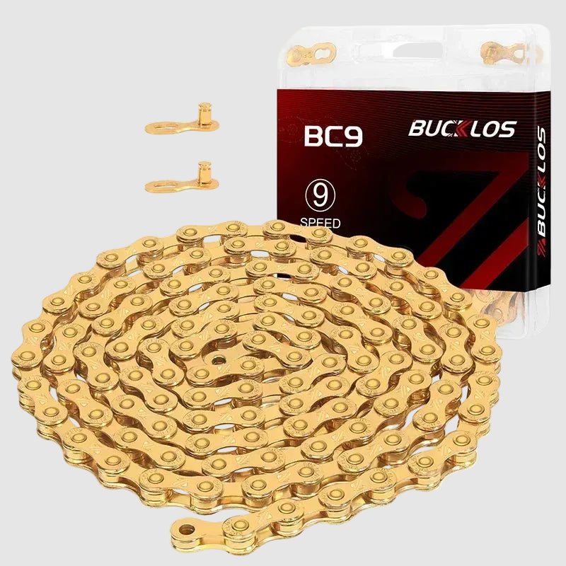 Gold bicycle chain with packaging and links on a white background, featuring the Bucklos brand.
