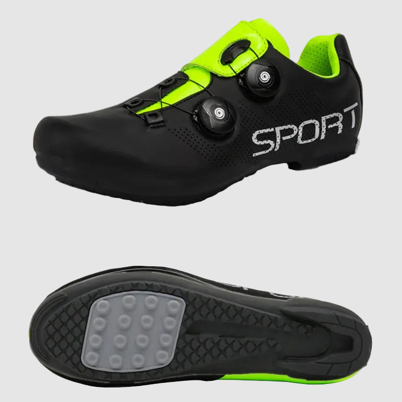 Black sports shoe with green accents and 'SPORT' branding on a white background