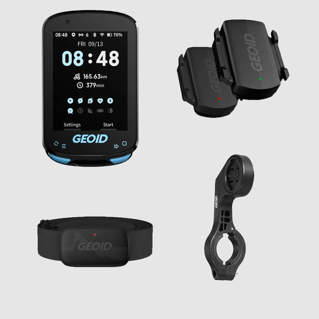 Collection of GEOID bike computer accessories including a bike computer, speed/cadence sensors, heart rate sensor, and out-front mount on a white background.