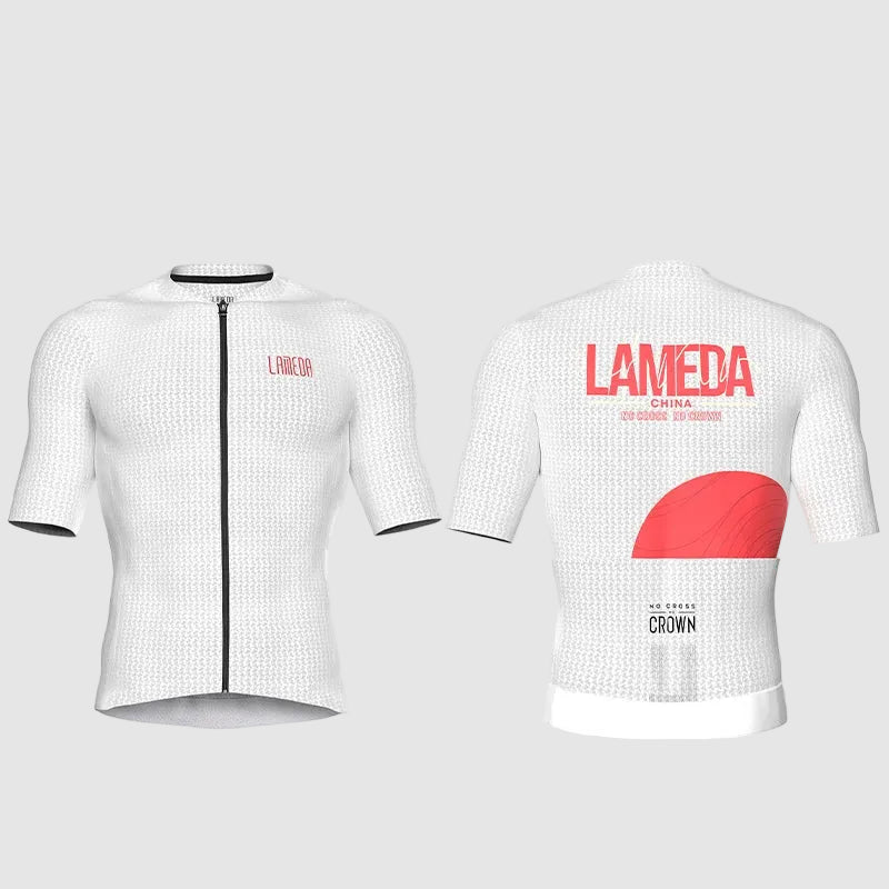 White cycling jersey with red accents and 'Lameda' branding on a white background