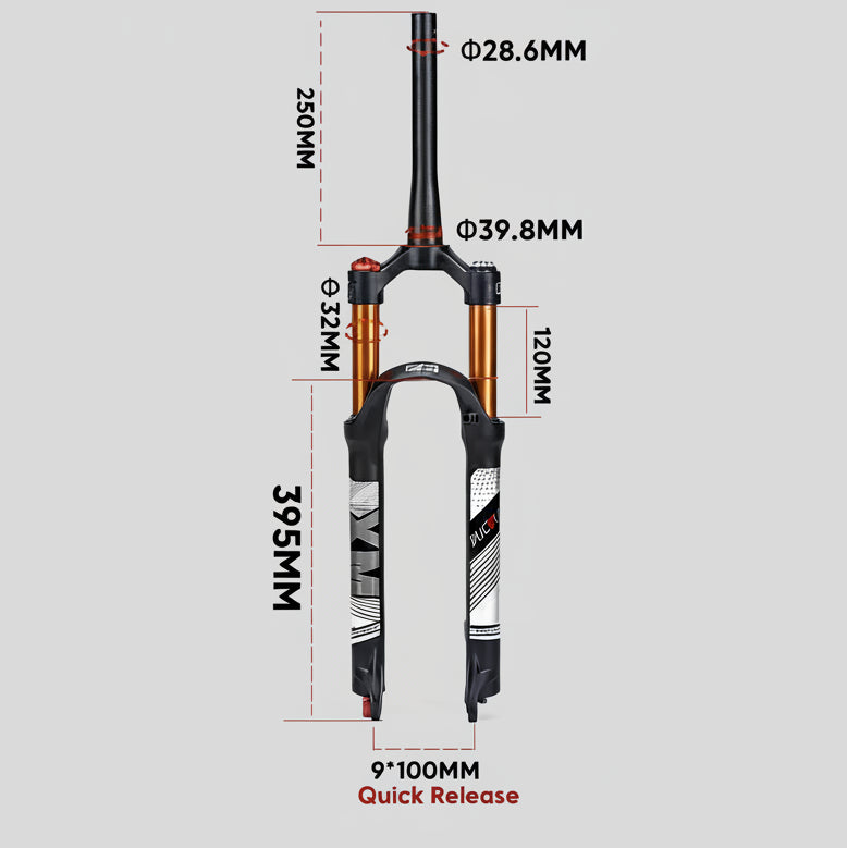 Bicycle fork with dimensions labeled on a gray background