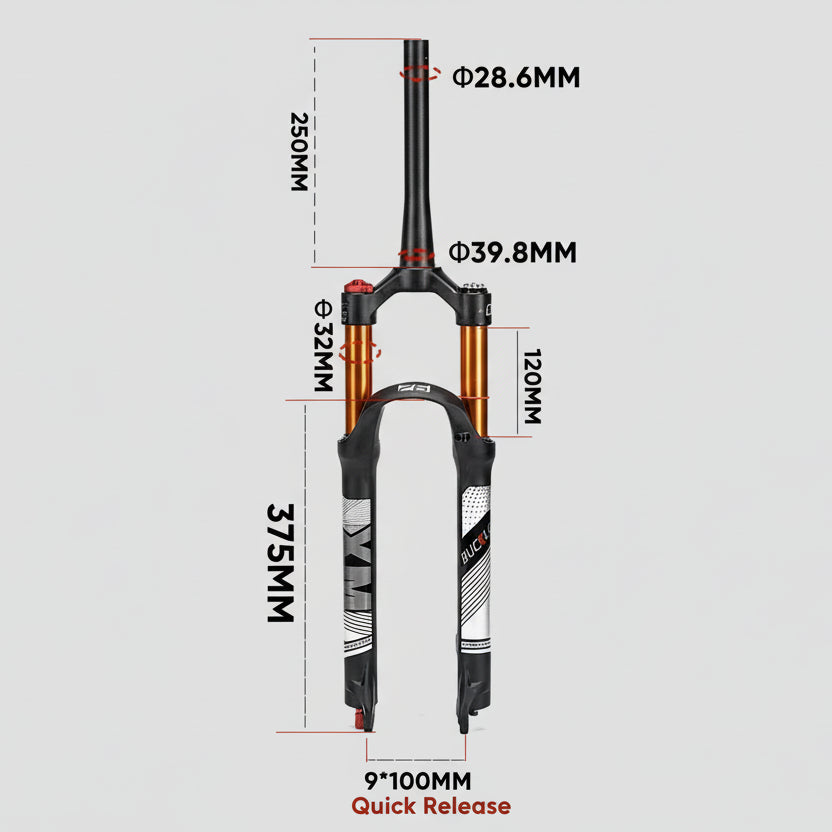 Bicycle fork with dimensions and quick release feature on a white background