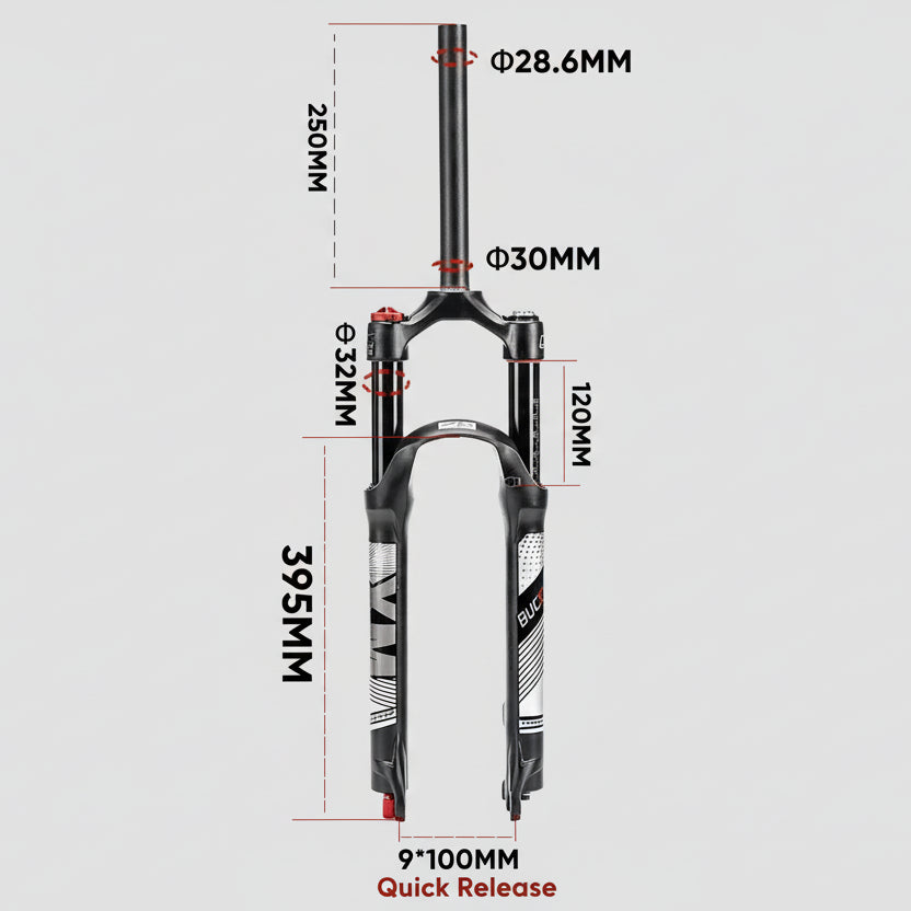 Bicycle fork with dimensions and quick release feature on a white background