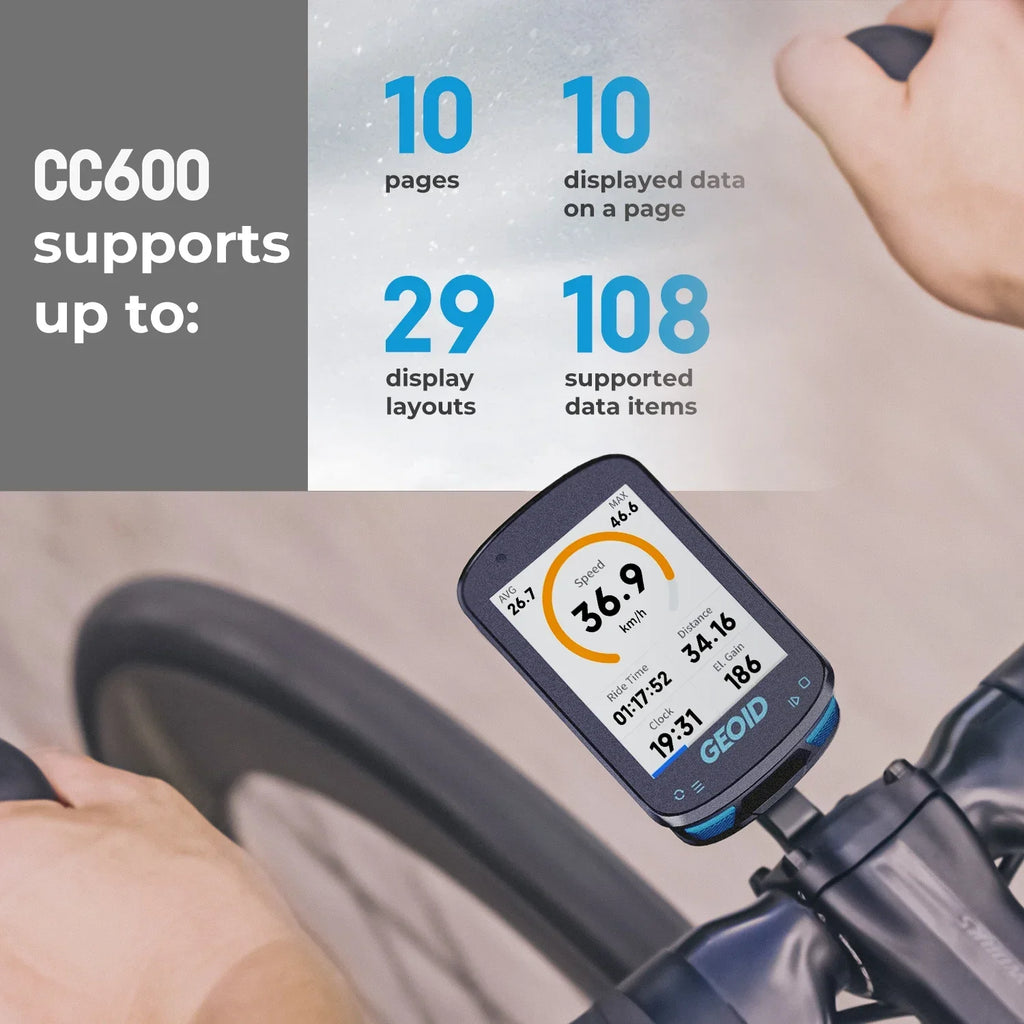 Bicycle computer on handlebar with text about CC600 support features
