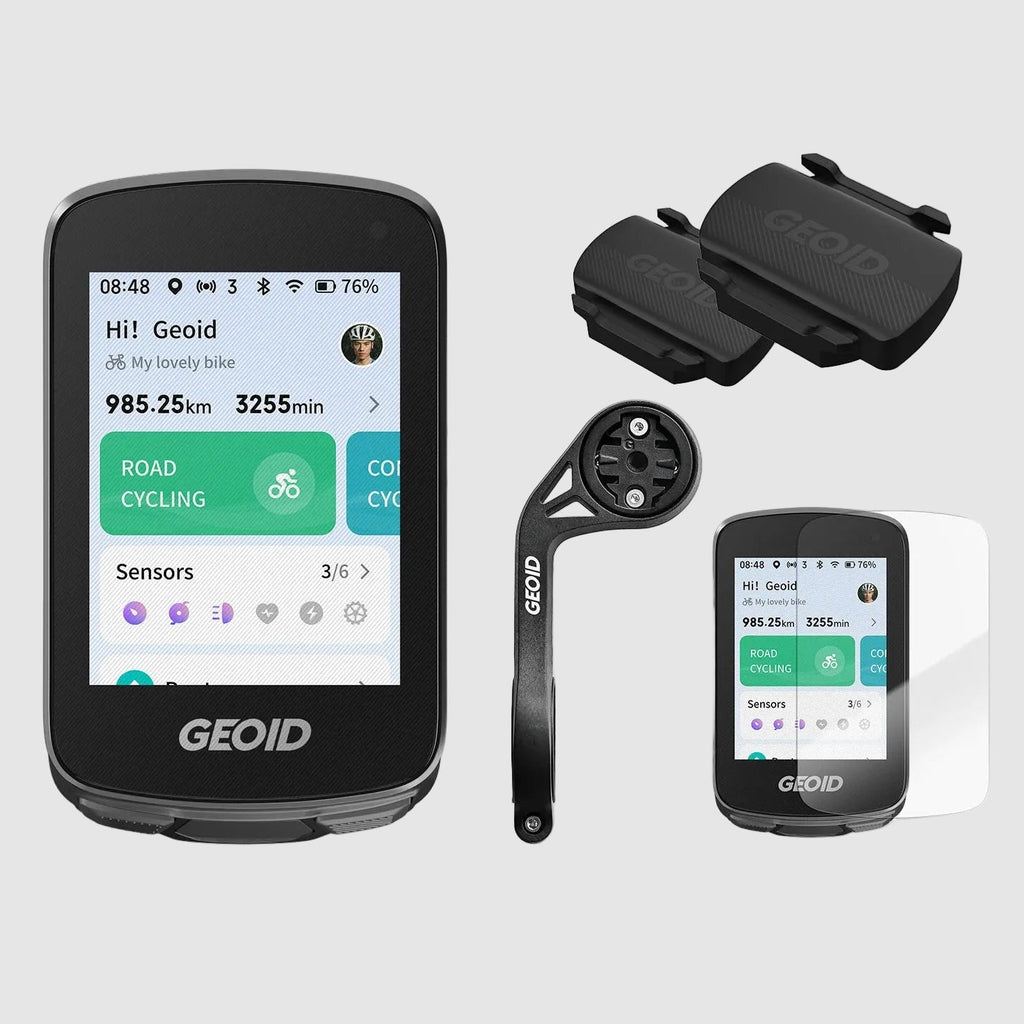 Geoid cycling computer and accessories on a light gray background