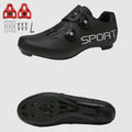 Black cycling shoes with 'SPORT' branding, including red cleats and screws on a white background.